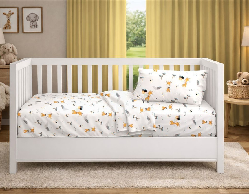 Σεντόνια Εμπριμέ Σετ 3 τεμ bebe Giraffe 599 120X160 White-Orange 100% Cotton