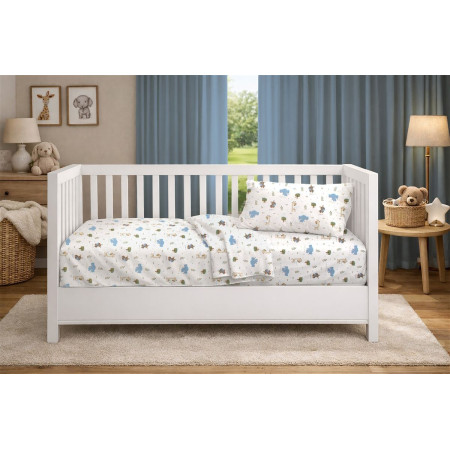 Σεντόνια Εμπριμέ Σετ 3 τεμ bebe Happy Safari 711 120X160 White-Sky Blue 100% Cotton