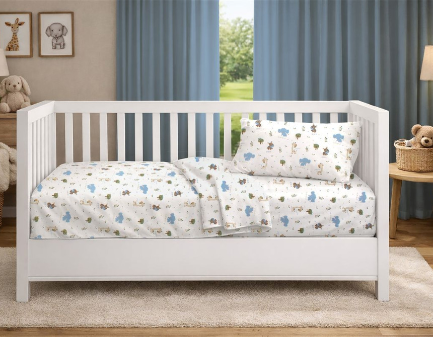 Σεντόνια Εμπριμέ Σετ 3 τεμ bebe Happy Safari 711 120X160 White-Sky Blue 100% Cotton