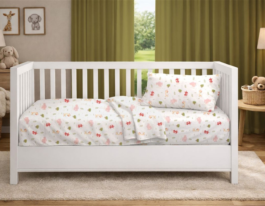 Σεντόνια Εμπριμέ Σετ 3 τεμ bebe Happy Safari 712 120X160 White-Pink 100% Cotton