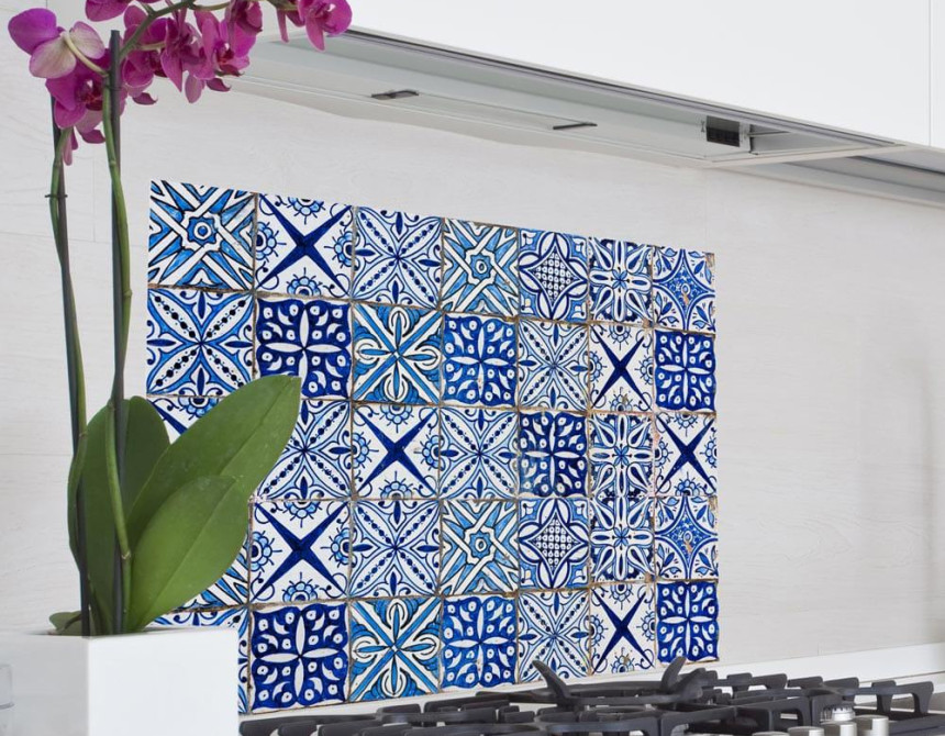Blue Azulejos L πλάτη προστασίας τοίχου εστιών κουζίνας (67215)