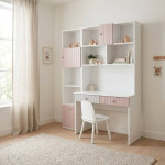 Γραφείο με επικαθήμενη βιβλιοθήκη (100x60x190Υ cm) και βιβλιοθήκη (60x30x190Y cm) λευκό-ροζ