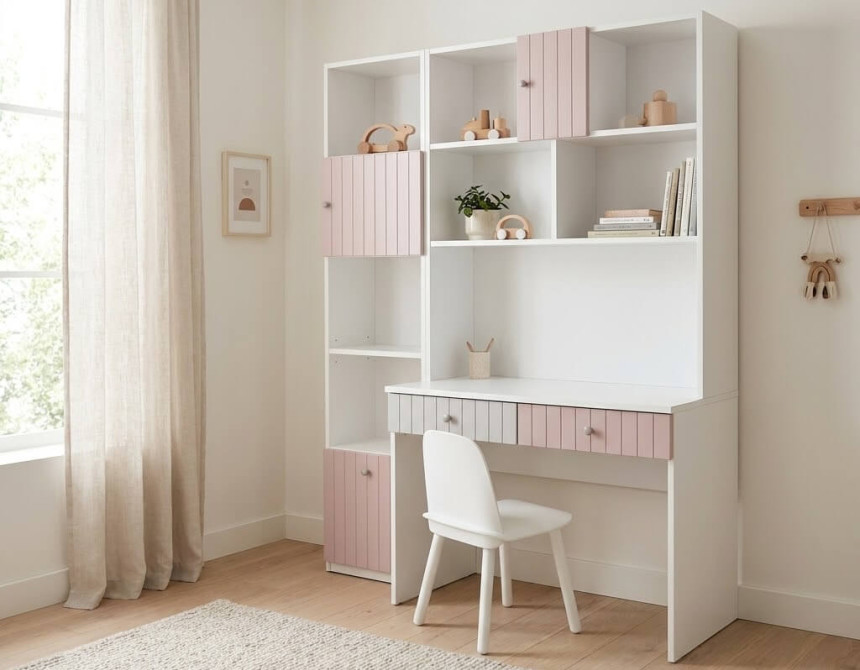 Γραφείο με επικαθήμενη βιβλιοθήκη (100x60x190Υ cm) και βιβλιοθήκη (60x30x190Y cm) λευκό-ροζ