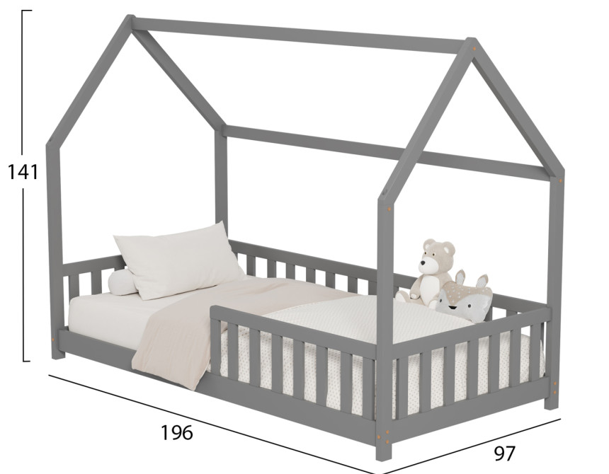 ΚΡΕΒΑΤΙ ΠΑΙΔΙΚΟ ΜΕ ΚΑΓΚΕΛΑ PHYLLIS HM679.05 τ.MONTESSORI ΞΥΛΟ ΠΕΥΚΟ ΓΚΡΙ-190x90εκ.