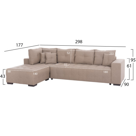 ΓΩΝΙΑΚΟΣ ΚΑΝΑΠΕΣ-ΚΡΕΒΑΤΙ ΜΕ ΑΠΟΘ.ΧΩΡΟ TRENDSTON HM3302.03L ΜΠΕΖ ΥΦΑΣΜΑ 298x177x95Υεκ
