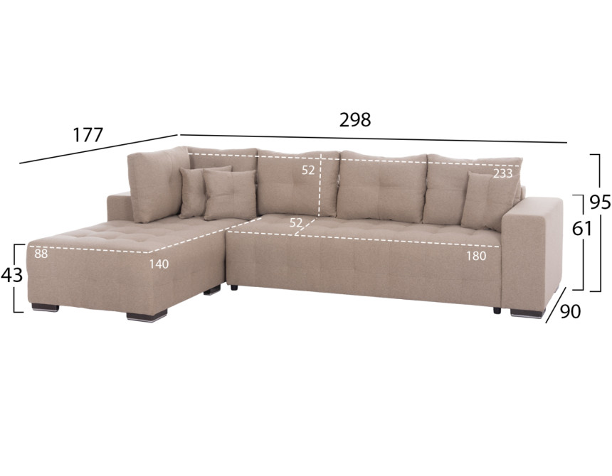 ΓΩΝΙΑΚΟΣ ΚΑΝΑΠΕΣ-ΚΡΕΒΑΤΙ ΜΕ ΑΠΟΘ.ΧΩΡΟ TRENDSTON HM3302.03L ΜΠΕΖ ΥΦΑΣΜΑ 298x177x95Υεκ