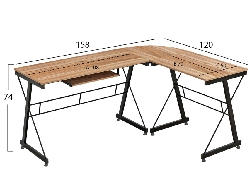 ΓΩΝΙΑΚΟ ΓΡΑΦΕΙΟ WALNUT ΕΠΙΦΑΝΕΙΑ ΜΕ ΜΕΤΑΛΛΙΚΟ ΣΚΕΛΕΤΟ HM2127.02 158Χ120Χ74εκ.