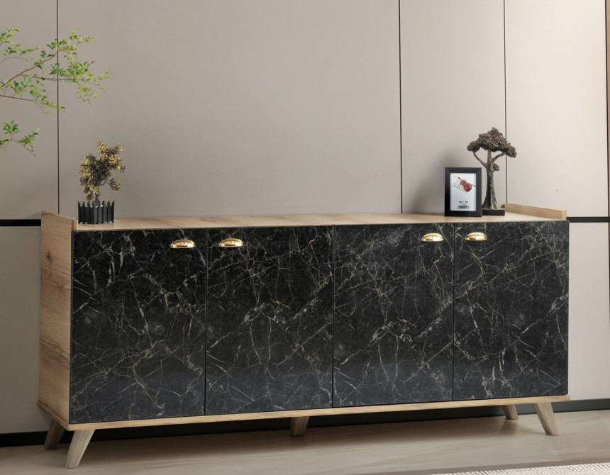 ΜΠΟΥΦΕΣ ΜΕΛΑΜΙΝΗΣ HM9045.01 NATURAL WOOD - ΜΑΥΡΟ ΜΑΡΜΑΡΟ 180x41x77,8Y εκ.