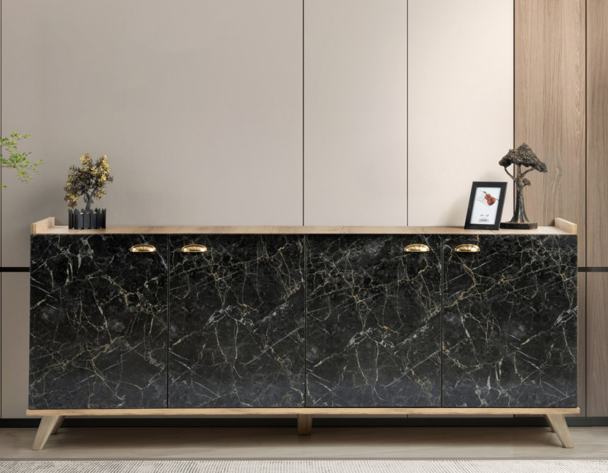 ΜΠΟΥΦΕΣ ΜΕΛΑΜΙΝΗΣ HM9045.01 NATURAL WOOD - ΜΑΥΡΟ ΜΑΡΜΑΡΟ 180x41x77,8Y εκ.