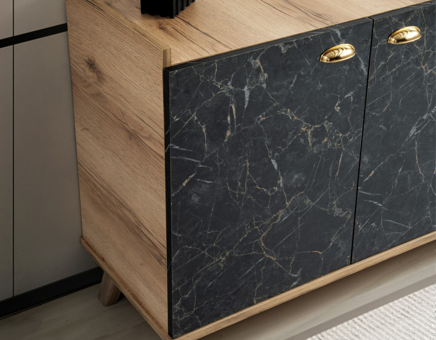 ΜΠΟΥΦΕΣ ΜΕΛΑΜΙΝΗΣ HM9045.01 NATURAL WOOD - ΜΑΥΡΟ ΜΑΡΜΑΡΟ 180x41x77,8Y εκ.