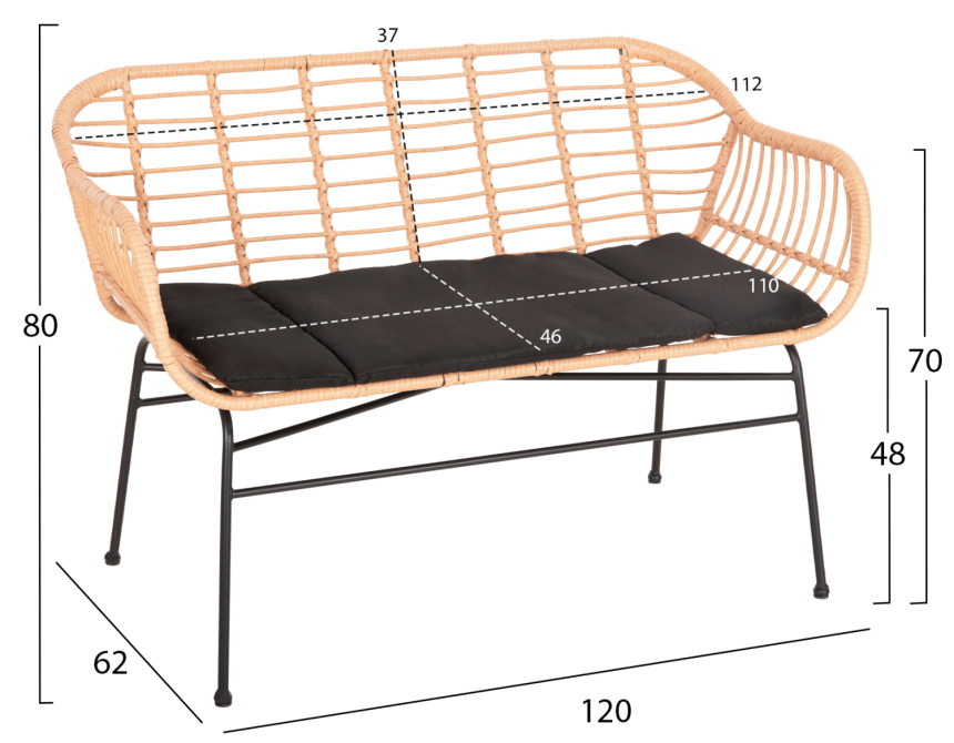 ΚΑΝΑΠΕΣ ALLEGRA HM6077 ΜΑΥΡΟ ΜΕΤΑΛΛΟ-ΜΠΕΖ ΣΥΝΘ.RATTAN 120x62x80Υεκ.