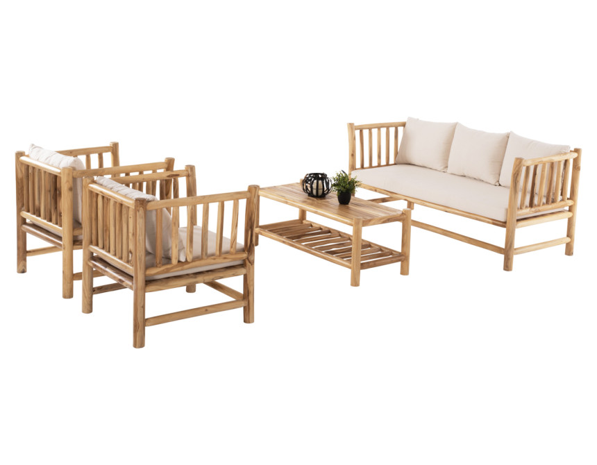 ΣΕΤ ΣΑΛΟΝΙ 4 ΤΜΧ HM9340 ΑΠΟ ΜΑΣΙΦ ΞΥΛΟ TEAK  ΦΥΣΙΚΟ - ΛΕΥΚΟ